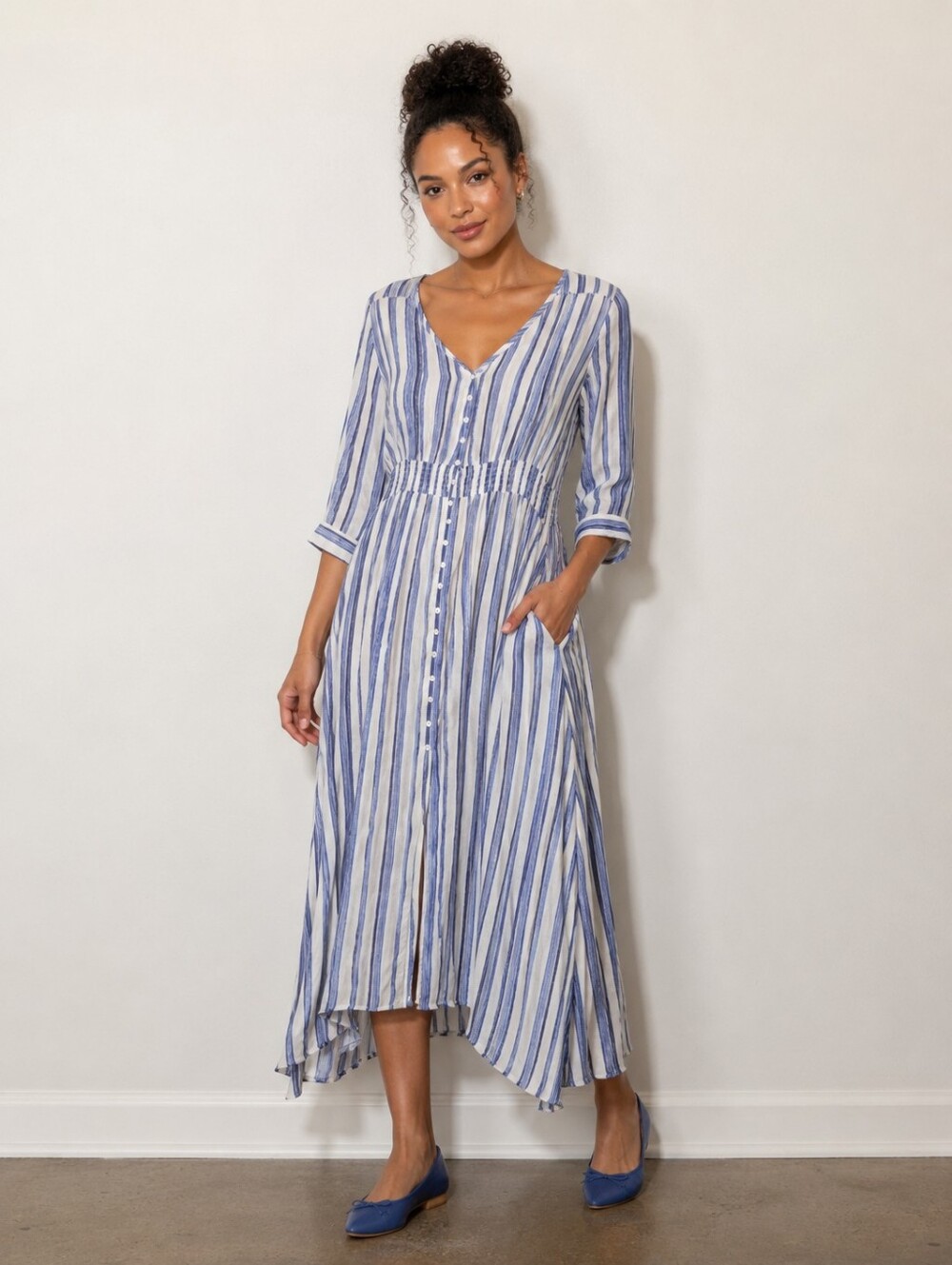 Striped Button-Front Maxi Dress in Blue and White